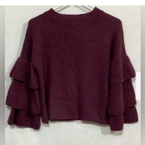 Poof Womens Plum Knitted Ruffle Sleeves Crew Neck Pullover Sweater Size Large
